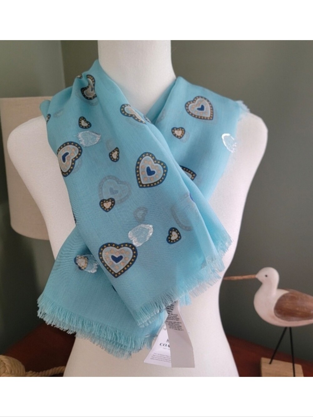 Coach 28777 Western Heart Oversized Square Scarf Blue Silk Blend Scarf NWT